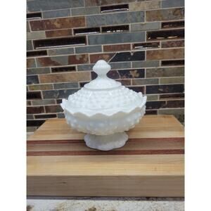 Vintage Fenton Hobnail Milk Glass Low Footed Candy Box w/ Lid, Trinket Box